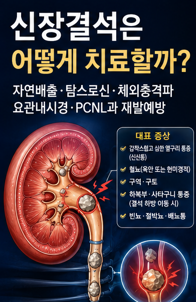 신장결석은 어떻게 치료할까? 자연배출 탐스로신 체외충격파 요관내시경 PCNL과 재발예방