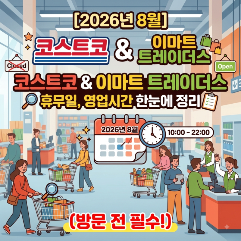 [2026년 8월] 코스트코 & 이마트 트레이더스 휴무일, 영업시간 한눈에 정리 (방문 전 필수!)