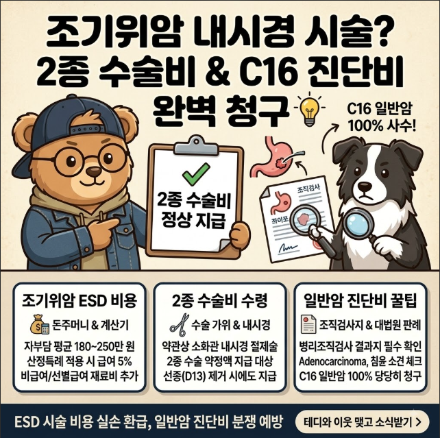 [보험 보상 가이드] "위 내시경 시술받았는데 2종 수술비 나오나요?" 조기위암 ESD 비용 & C16 일....
