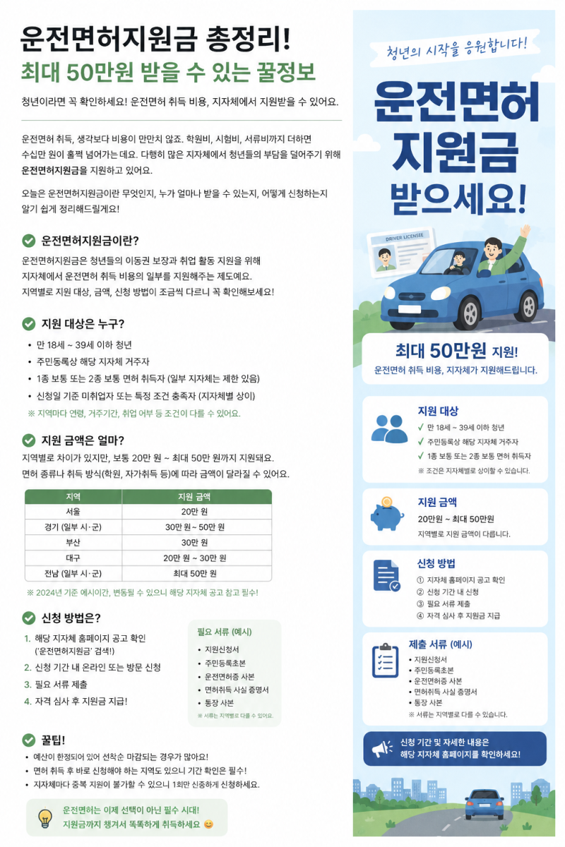 운전면허 지원금 신청방법 총정리｜학원비·취득비 지원받을 수 있을까?