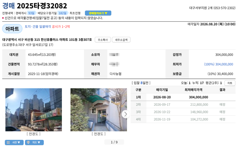 대구 비산동 한신휴플러스 경매 아파트 실거래는 2억6천 얼마까지 써야 할까? 2025타경32082 사진 3