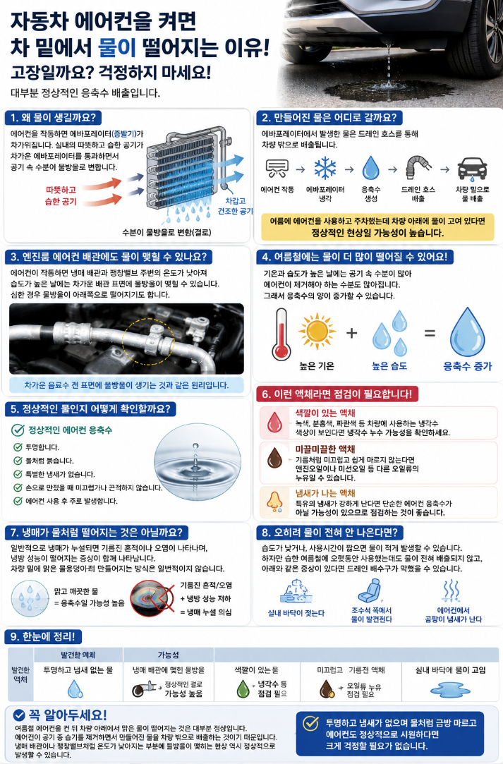 자동차 에어컨을 켜면 차 밑에서 물이 떨어지는 이유! 고장일까요?