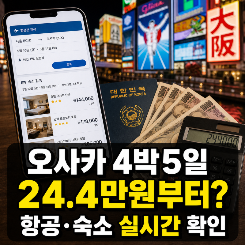 오사카 4박5일 경비, 1인 24.4만원부터 항공·숙소 실시간