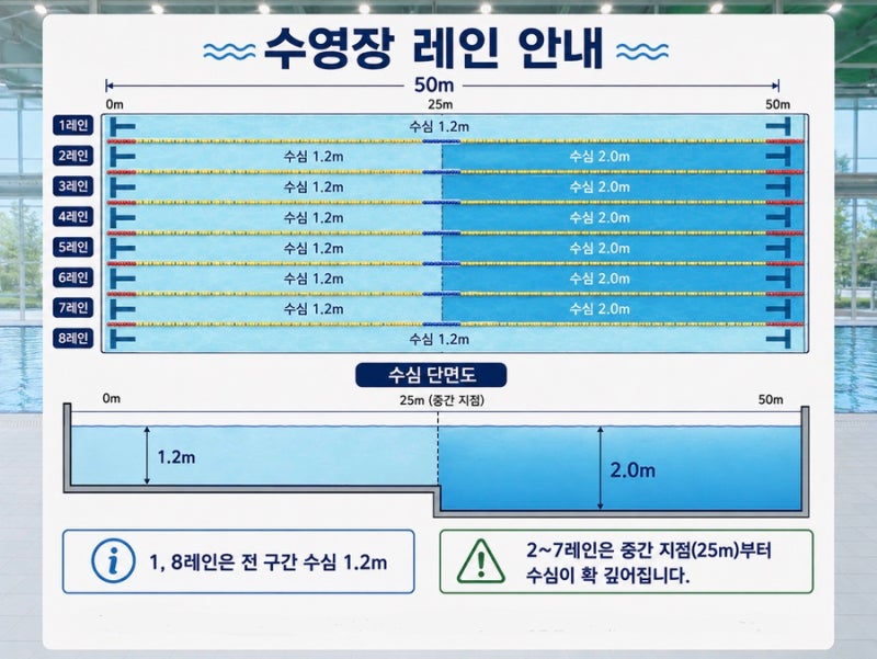 천안 한들문화센터 수영장 자유수영 후기｜최대 수심 2m, 50m 레인 운영현황 및 초급 레인 팁