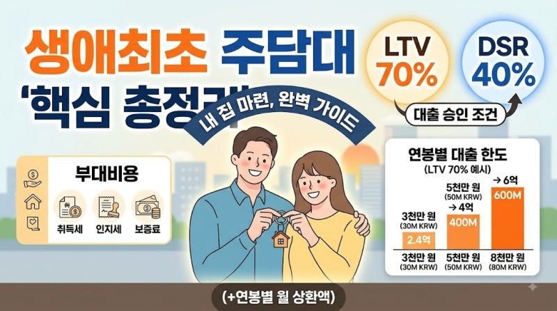 생애최초 주택담보대출(주담대) 연봉별 월상환액 대출한도 부대비용 핵심 총정리 LTV 70% DSR40%....