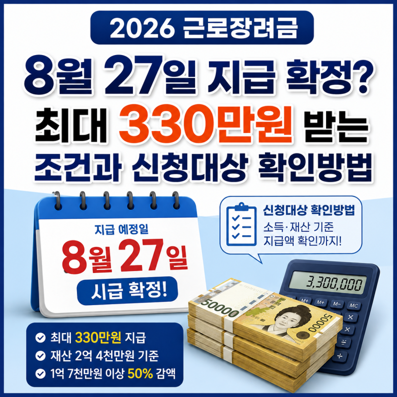 2026 근로장려금 8월 27일 지급 확정? 최대 330만원 받는 조건과 신청대상 확인방법
