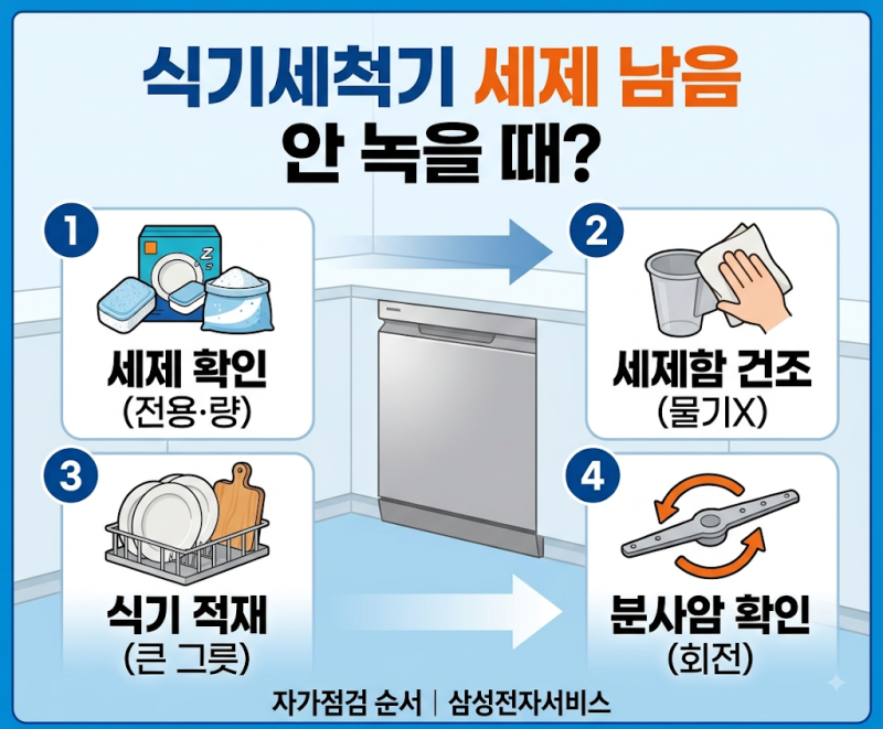 삼성 식기세척기 세제가 안 녹고 남을 때—세제함·적재·서비스 체크 순서