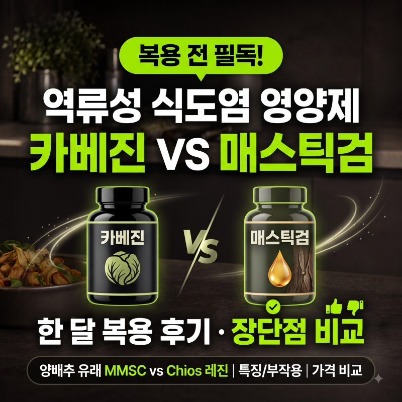 역류성 식도염 영양제 한 달 복용 전 필독! 카베진 대 매스틱검 장단점 및 선택 기준 비교