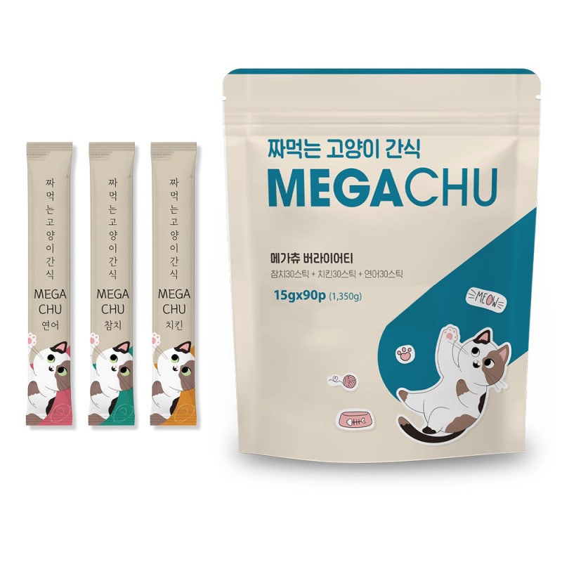 잘 나가는 제품 고양이추르 다시 돌아온 메가츄 짜먹는 고양이 간식 츄 90스틱 대용량, 2개, ....