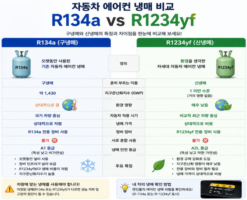 자동차 에어컨 냉매 R134a와 R1234yf 차이는? 구냉매·신냉매 쉽게 알아보기