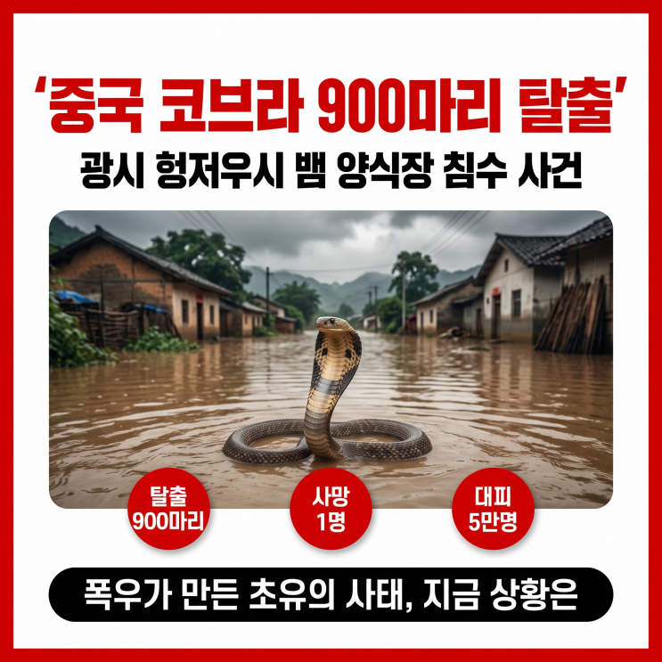 중국 코브라 900마리 탈출, <b>광시</b> 헝저우시 뱀 양식장 침수 사건