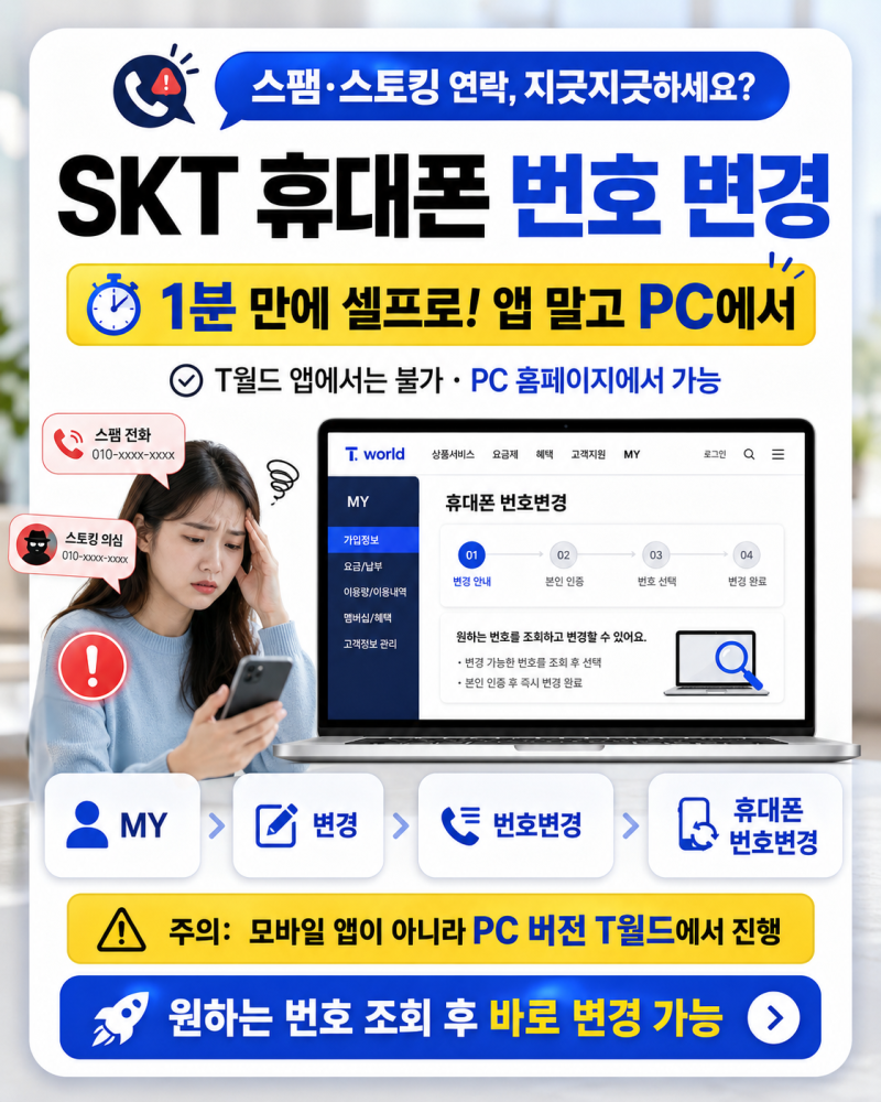 "스팸, 스토킹 지옥 탈출!" 1분 만에 끝내는 SKT 휴대폰 번호 변경 셀프 가이드 (앱에서는 안 돼....