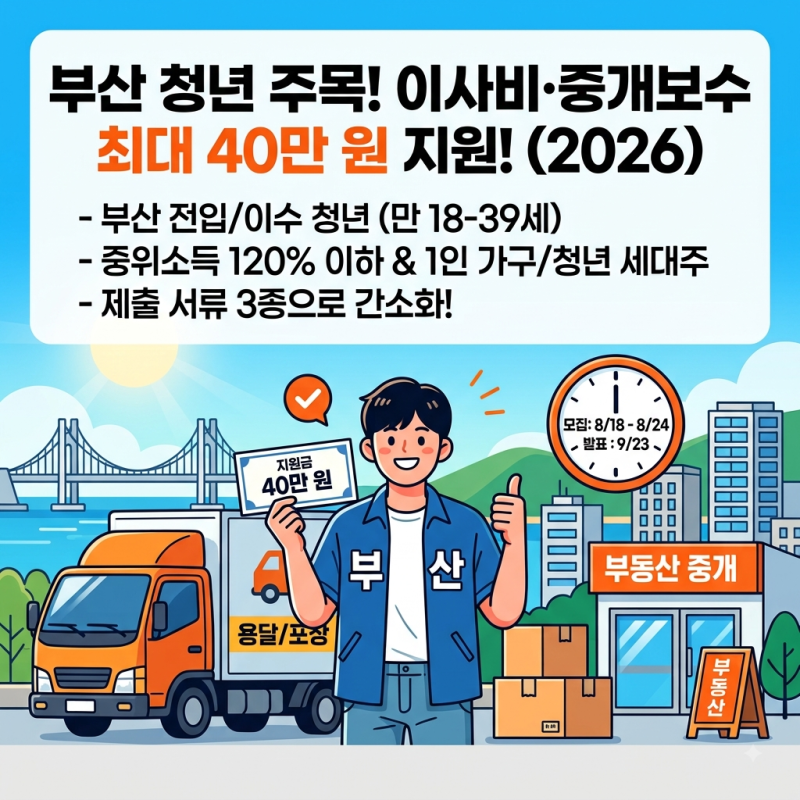 부산 청년 중개보수 및 이사비 최대 40만 원 지원! 2026년 모집 일정·자격·서류 완벽 정리