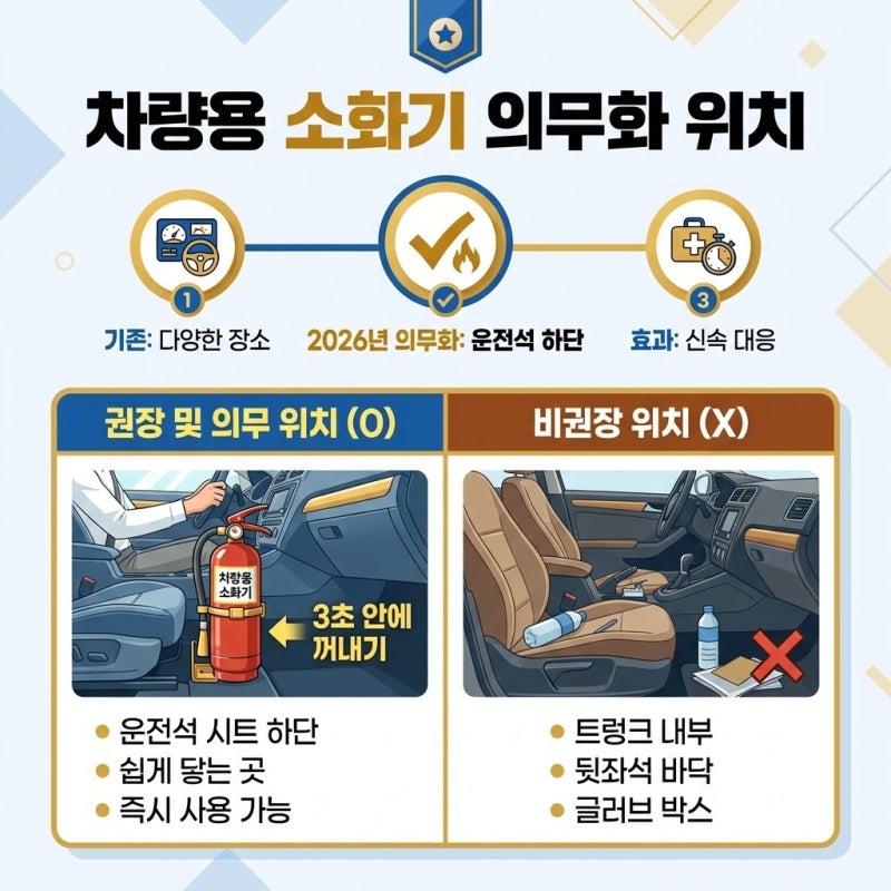 차량용 소화기 의무화 위치, 2026년 기준 어디에 두어야 할까요