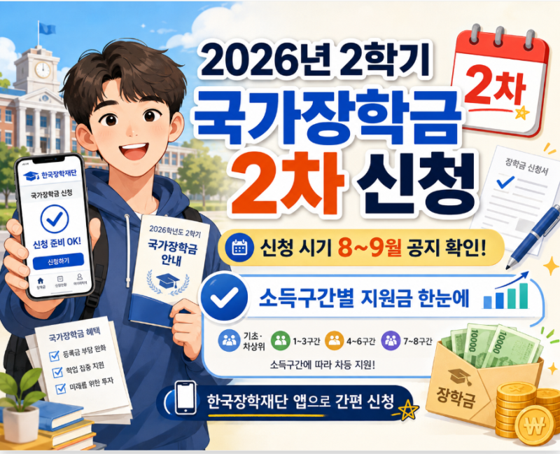 2026년 2학기 국가장학금 2차 신청 기간 & 소득구간별 지원금액·신청방법·가구원 동의 총정리....