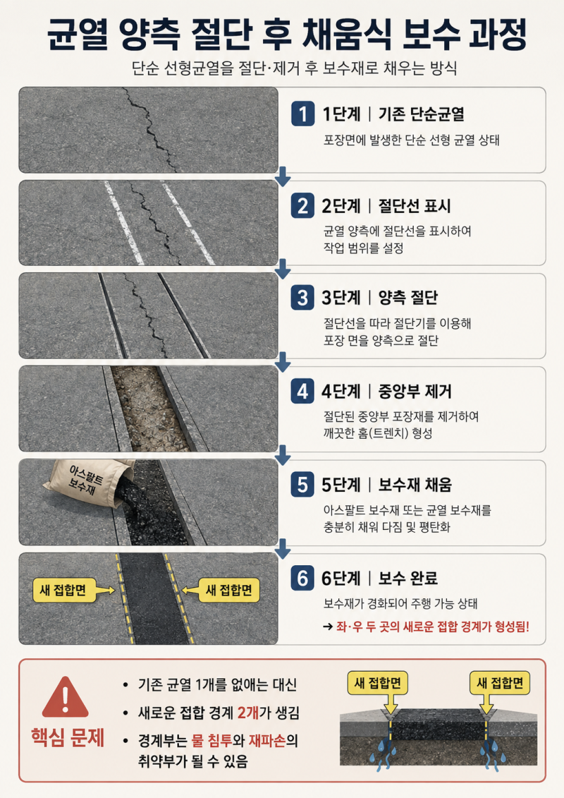 아스팔트 균열보수, 양쪽을 절단하면 더 좋을까? 새 절단면 2개가 생기는 문제