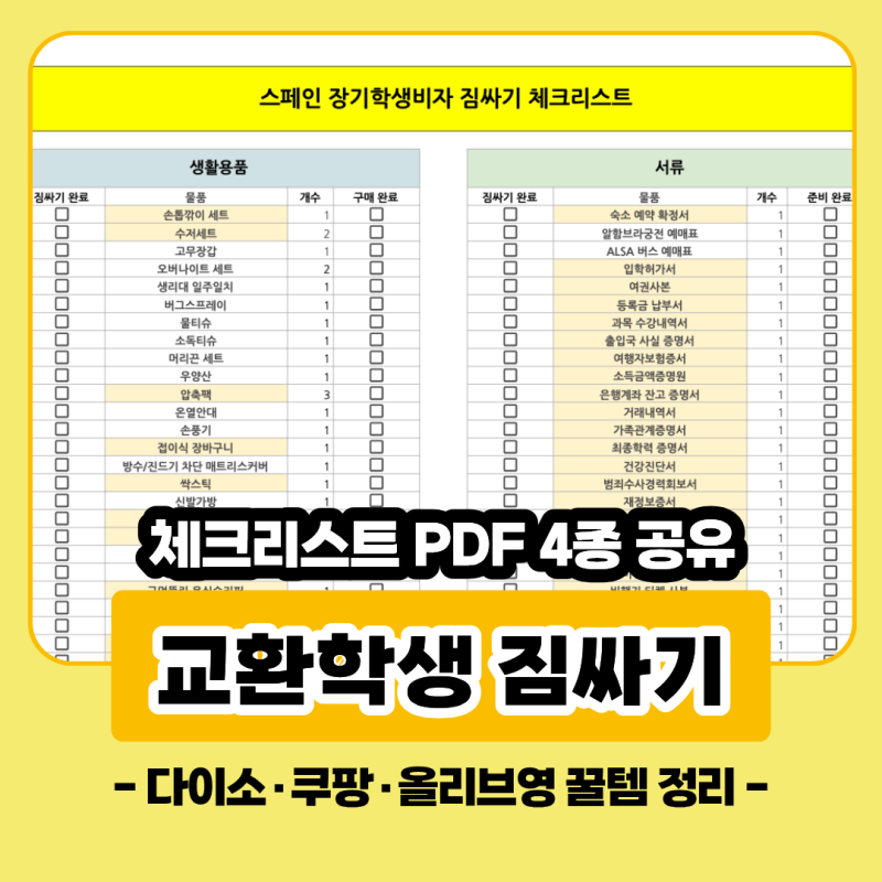 유럽 1년 교환학생 짐싸기 필수템ㅣ체크리스트 PDF·엑셀 공유ㅣ다이소·쿠팡·올리브영·면세....