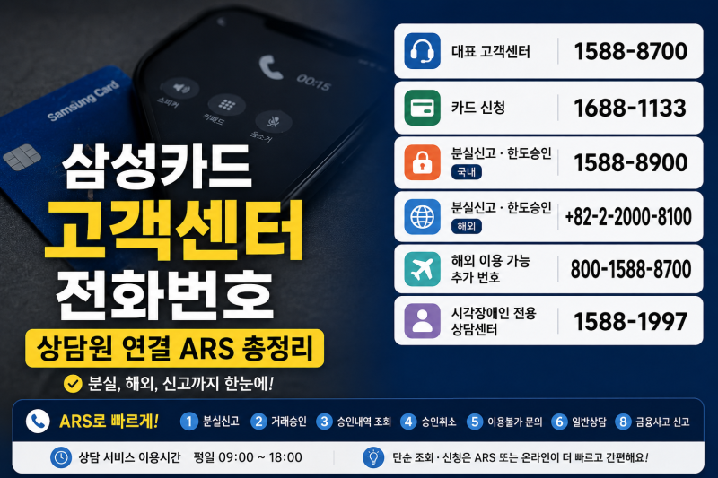 삼성카드 고객센터 전화번호 상담원 연결 ARS 총정리 (분실, 해외, 신고)