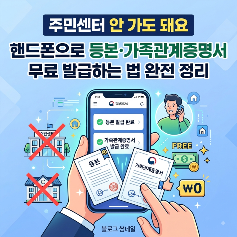 주민센터 안 가도 돼요 — 핸드폰으로 등본·가족관계증명서 무료 발급하는 법 완전 정리