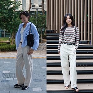 탑텐 여성 커브드 팬츠 스트라이프 티셔츠 블루셔츠 여자 바지 코디 가을 패션