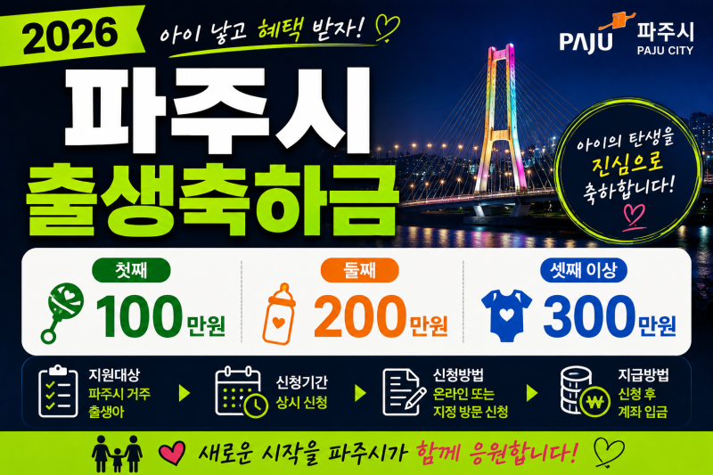 2026 파주시 출생축하금｜첫째 100만원·둘째 200만원·셋째 300만원