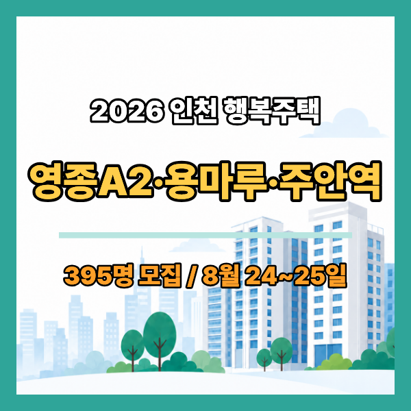 2026 인천 행복주택 395명 모집 : 영종A2·용마루·주안역 자격·임대료, 8월 24~25일 신청