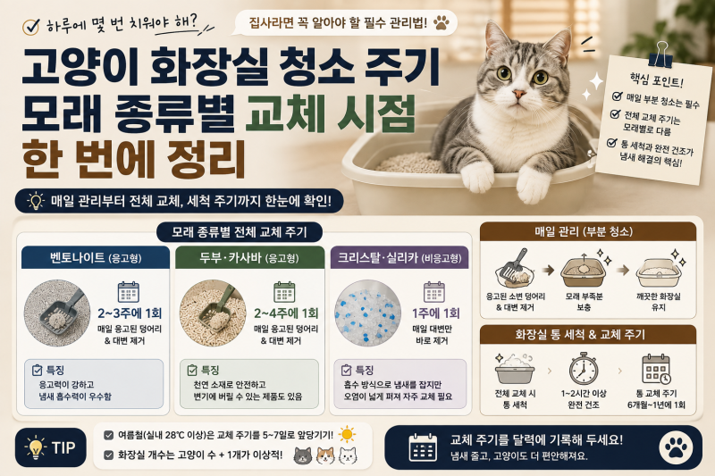 고양이 화장실 청소 주기 — 모래 종류별 교체 시점 한 번에 정리