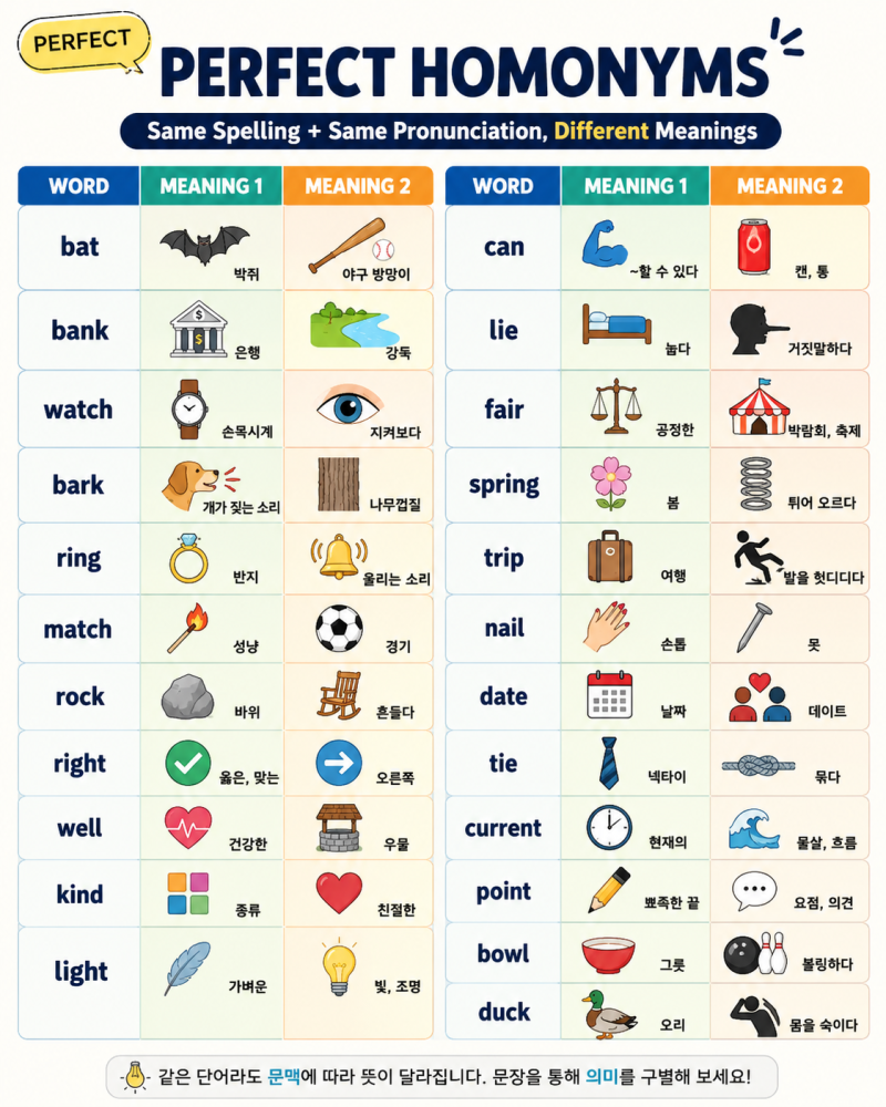 Perfect Homonyms 완벽 정리; 같은 철자 + 같은 발음 + 다른 의미들