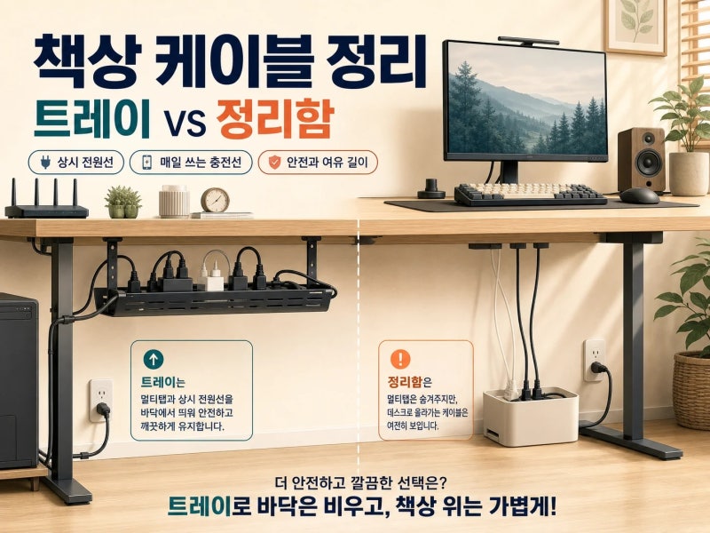 좁은 책상 위 케이블 정리, 트레이와 정리함이 다르게 처리하는 선 4가지