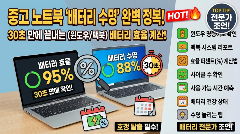 중고 노트북 배터리 수명 확인 방법, 30초 만에 효율 계산하기 (윈도우/맥북)