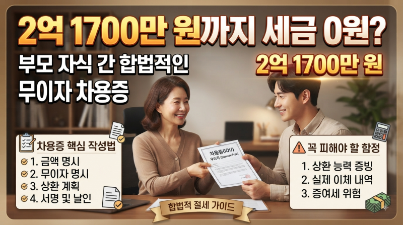 "2억 1700만 원까지 세금 0원? 부모 자식 간 합법적인 무이자 차용증 작성법 및 꼭 알아야 할 함....