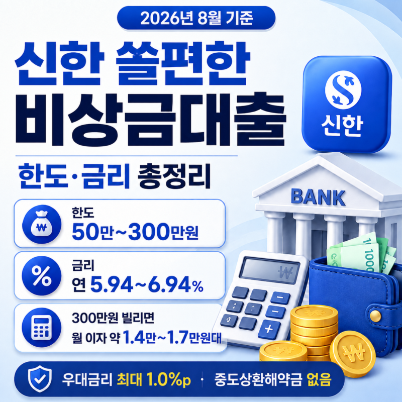 직장인 주부 신한은행 쏠편한 비상금대출 한도와 금리 총정리 (2026년 8월 기준)