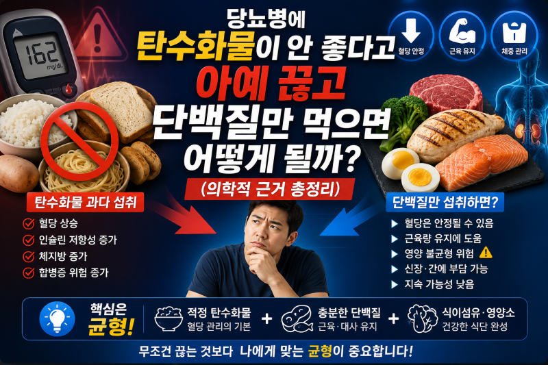당뇨병에 탄수화물이 안 좋다고 아예 끊고 단백질만 먹으면 어떻게 될까? (의학적 근거 총정....