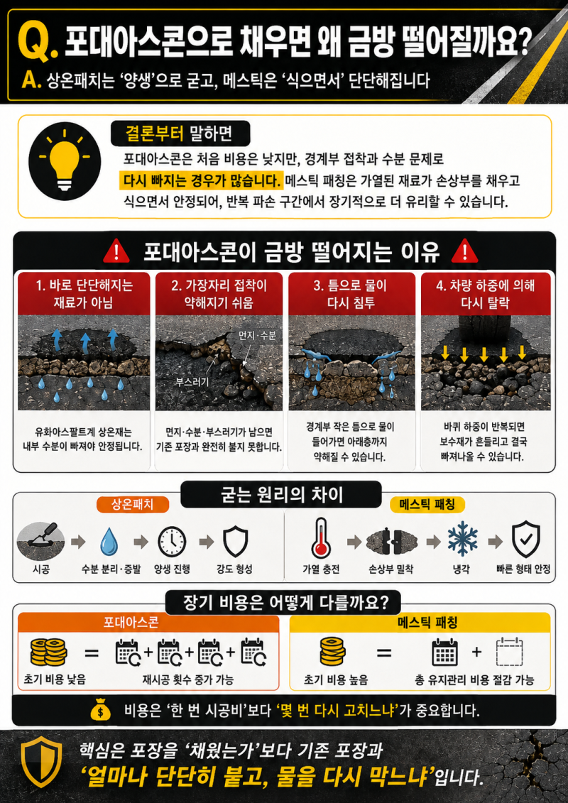 포트홀에 포대아스콘을 채웠는데 왜 다시 떨어질까요? 상온패치와 메스틱 패칭의 차이