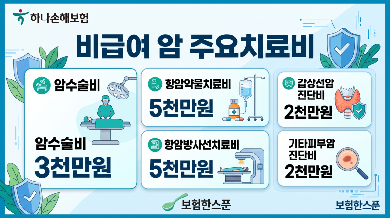하나손해보험 비급여 암주요치료비 암수술비(회당)3천만원, 항암약물,항암방사선 각5천만원,....
