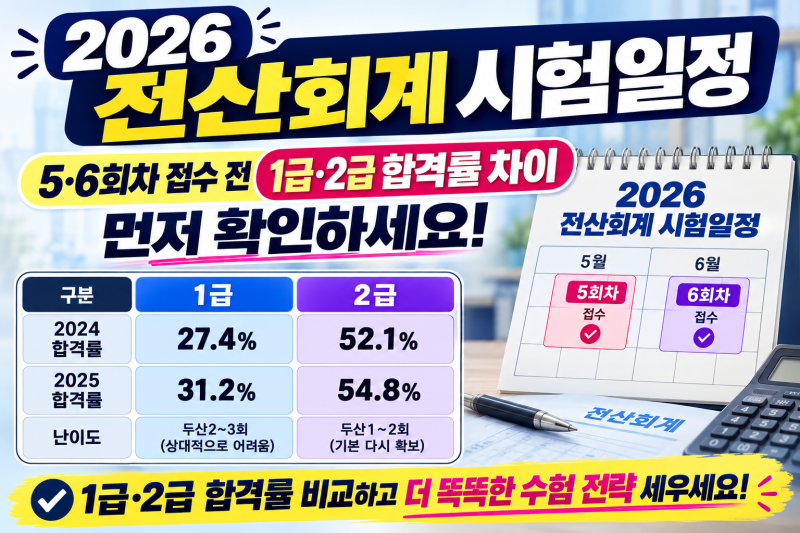 2026 전산회계 시험일정 — 5·6회차 접수 전 1급·2급 합격률 차이 먼저 확인하세요