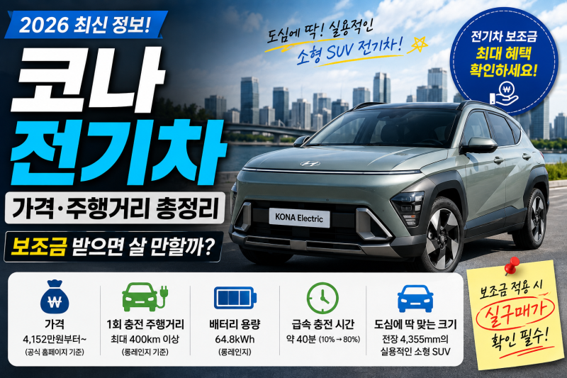 2026 코나 전기차 가격·주행거리 총정리｜보조금 받으면 살 만할까?