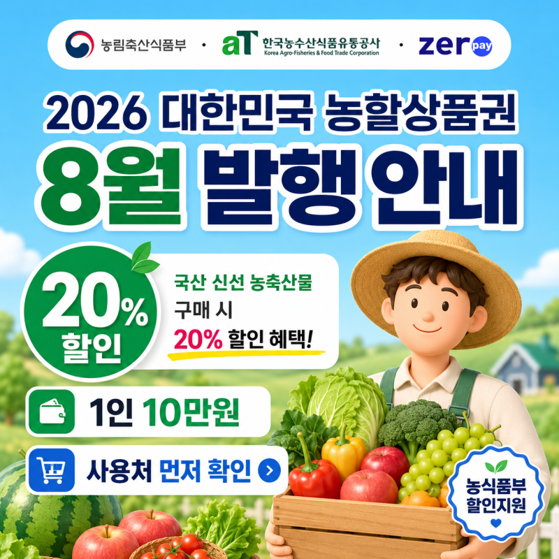 2026 대한민국 농할상품권 8월 발행｜20% 할인 구매방법·사용처 어디일까?