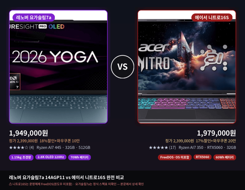 [광고]레노버 요가슬림 7a 14AGP11(83QS003LKR) vs 에이서 니트로 16S(AN16S-61-R96T) 완전 비교 — 초경량....