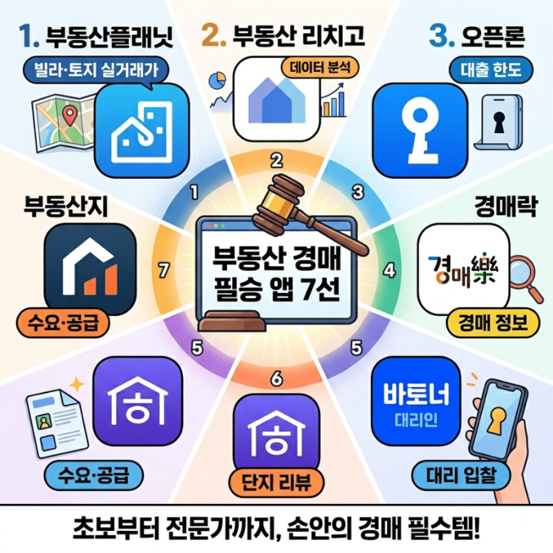 경매 7가지 핵심 앱 (부동산플래닛, 부동산 리치고, 오픈론, 경매락, 부동산지인, 호갱노노, ....