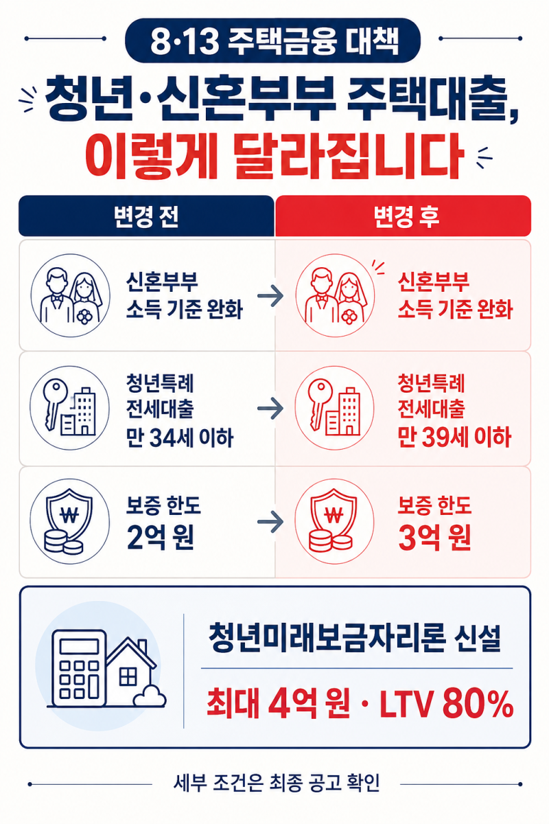 청년 신혼부부 주택대출 8·13 변경 총정리｜39세·4억