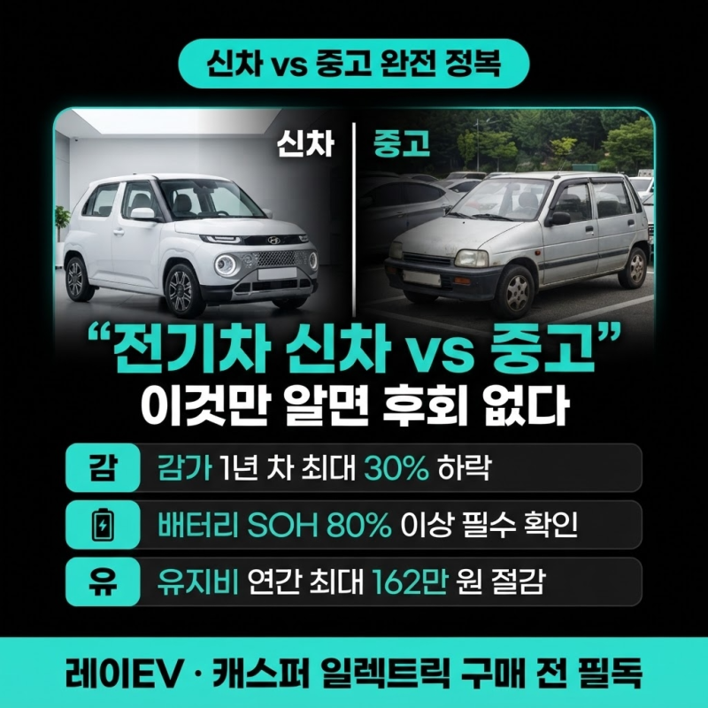 "전기차 신차 vs 중고" 이것만 알면 후회 없다 — 레이EV 캐스퍼 일렉트릭 감가·배터리·비용 ....
