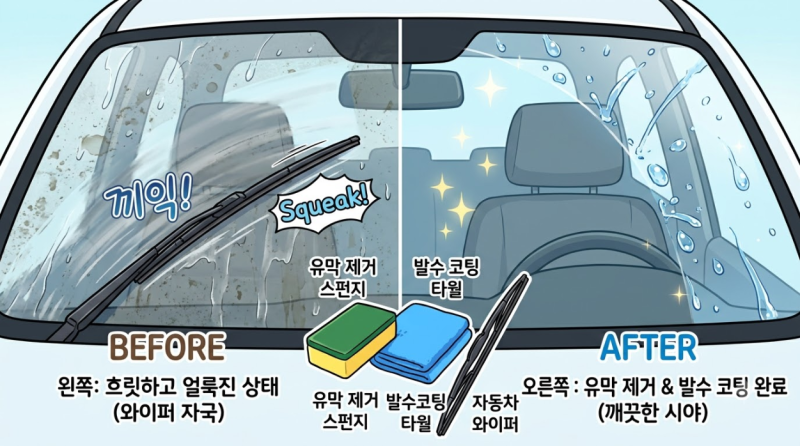 차량 와이퍼 소음 유막제거 발수코팅 셀프 시공 완벽 가이드