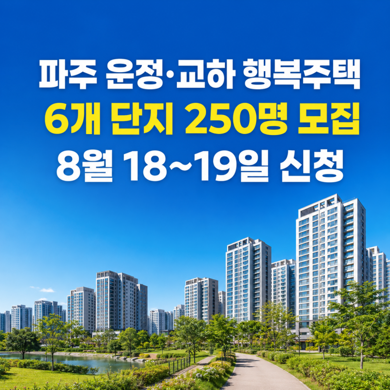 파주 운정·교하 행복주택 250명 모집｜6개 단지 8월 18~19일 신청