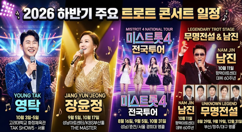 [트로트 콘서트 2026 하반기] 영탁·장윤정·미스트롯4·무명전설·남진 일정 & 예매 사이트 총....
