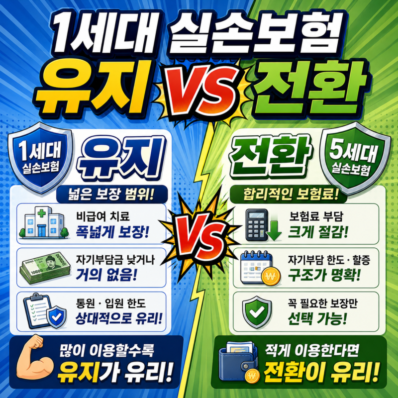 1세대 실손보험 유지 VS 5세대 전환, 보험료 부담과 통원 입원 자기부담금 계산
