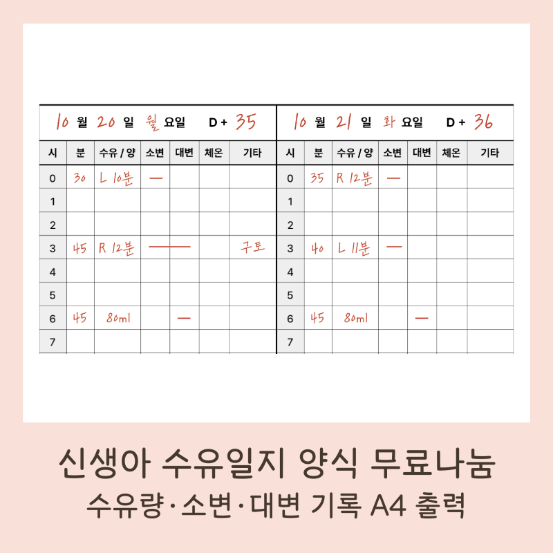 신생아 수유일지 양식 무료나눔｜수유량·소변·대변 기록 A4 출력