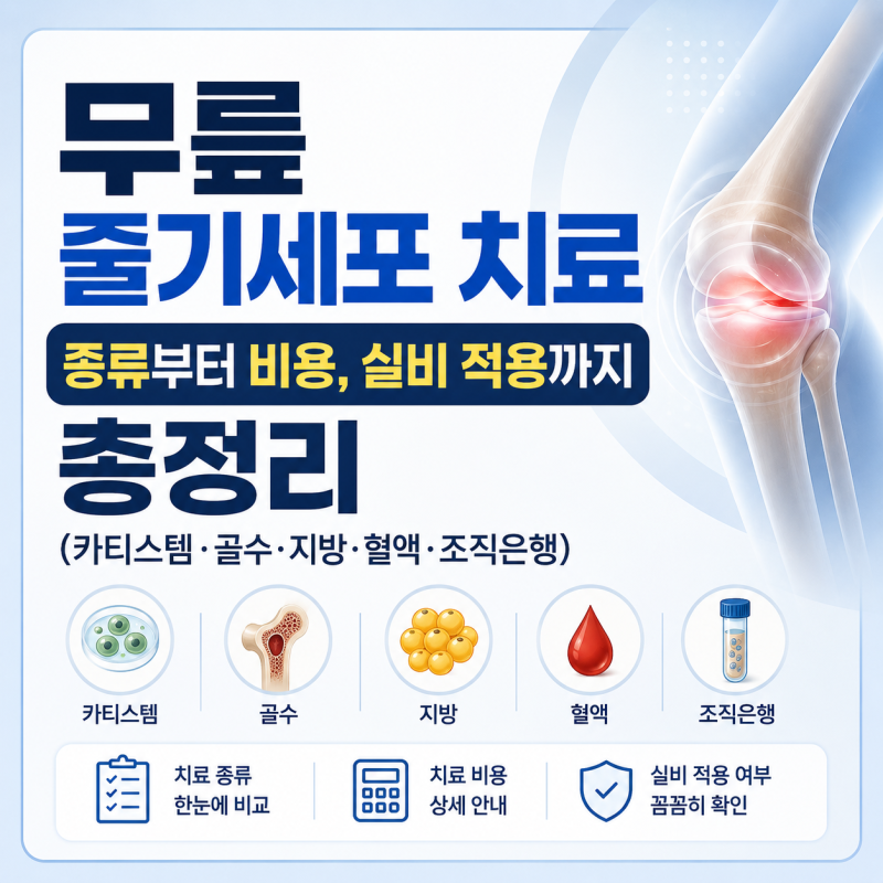무릎 줄기세포 치료 종류부터 비용, 실비 적용까지 총정리 (카티스템·골수·지방·혈액·조직....