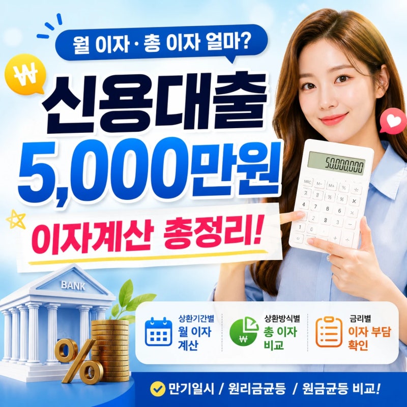 신용대출 5,000만원 받으면 이자는 얼마? 상환방식에 따른 이자계산 총정리, 신용점수 관리방....