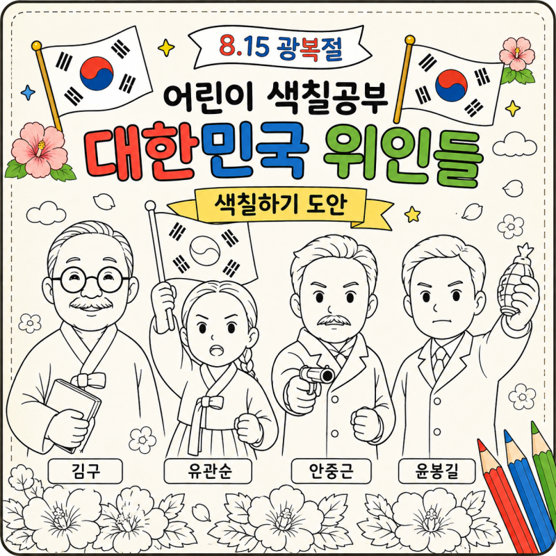 어린이 8월 15일 광복절 색칠공부 : 대한민국 위인들 색칠하기 무료도안